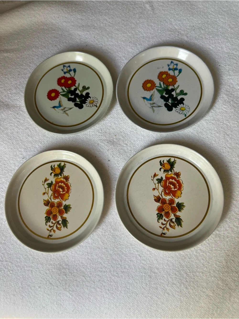 Vintage Floral tin Coasters - White with Orange & Red Floral Design